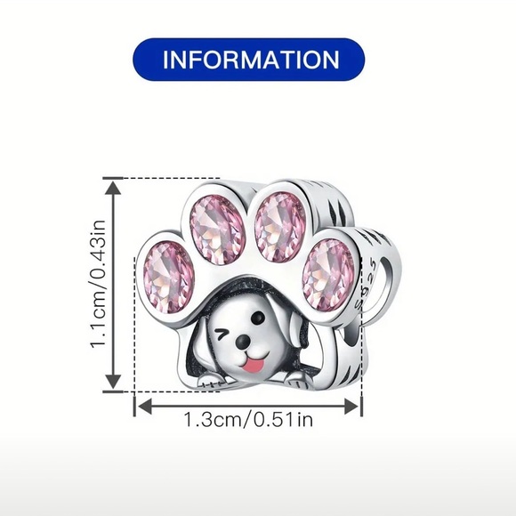 925 Sterling Silver and Pink CZ Dog Paw Charm/Pendant - NWT - Picture 4 of 5